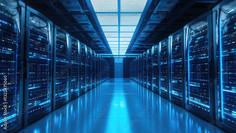 Modern server room, illuminated with blue light Modern server room, illuminated with blue light