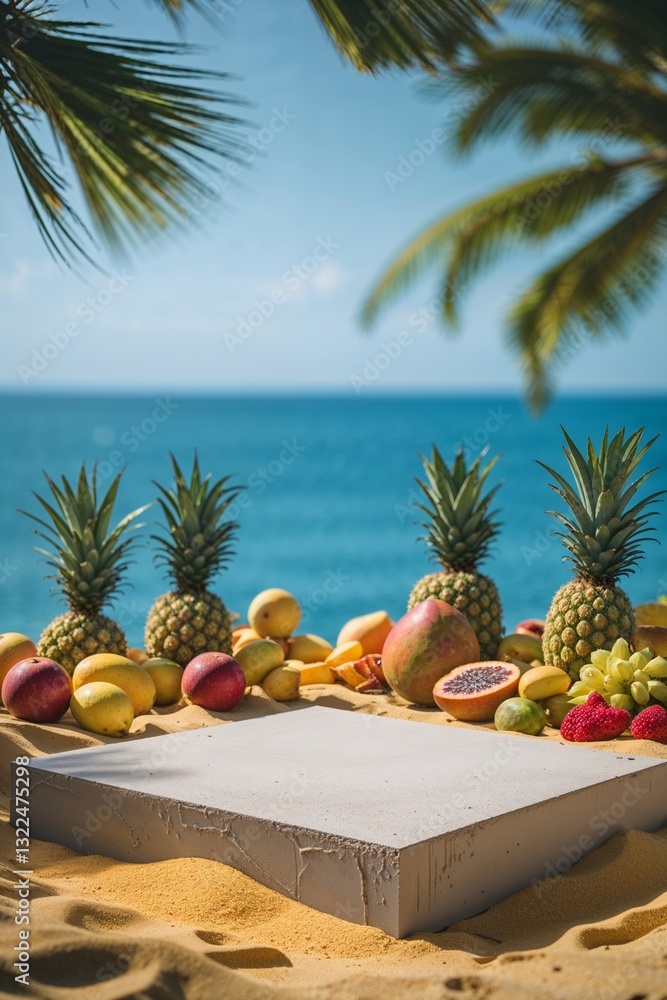 Fruit display on sandy beach with tropical ocean view during sunny day Fruit display on sandy beach with tropical ocean view during sunny day