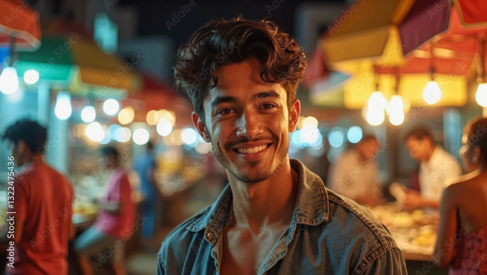 Fototapeta premium 2025 summer idea trend concept: A man smiling at a yellow light in a market scene