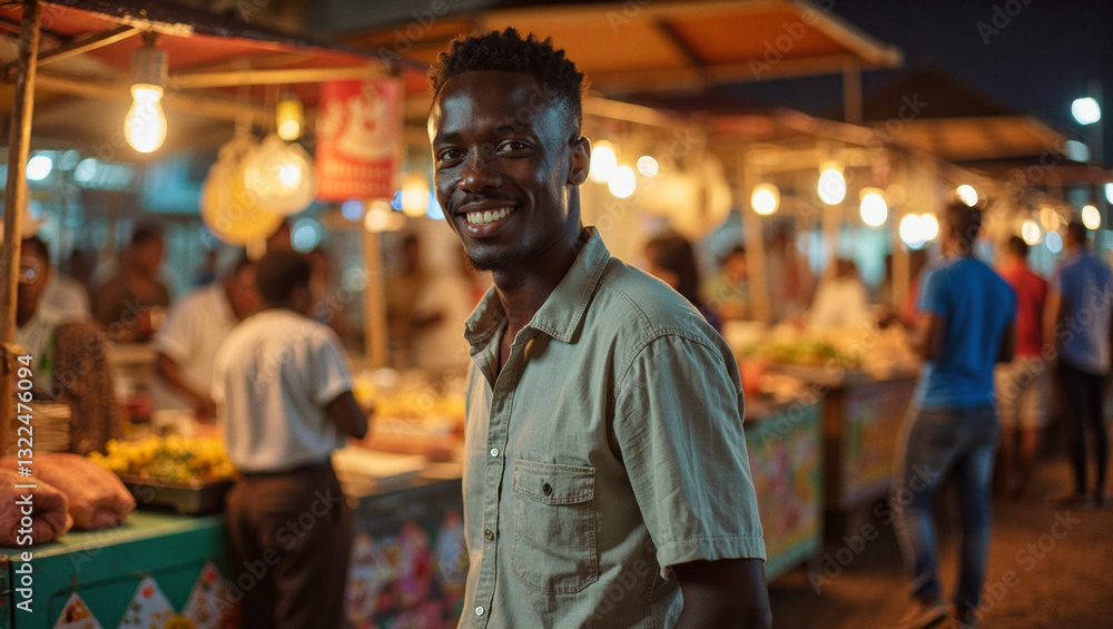 2025 summer idea trend concept: A man standing in front of a market stall, smiling at the camera. 2025 summer idea trend concept: A man standing in front of a market stall, smiling at the camera.