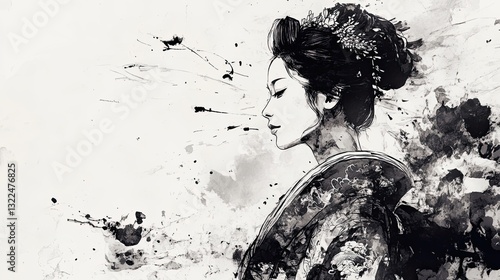 Elegant Ink Painting of a Woman in a Kimono