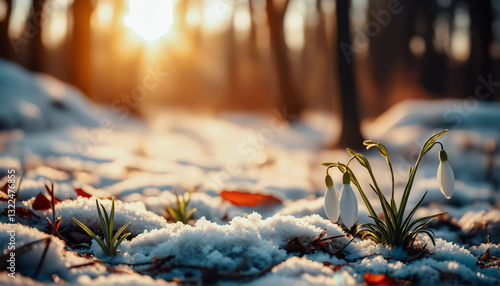 Snowdrop Flowers in Winter Sunset