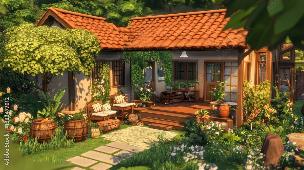 Fototapeta premium A cozy cottage surrounded by beautiful lush green vegetation