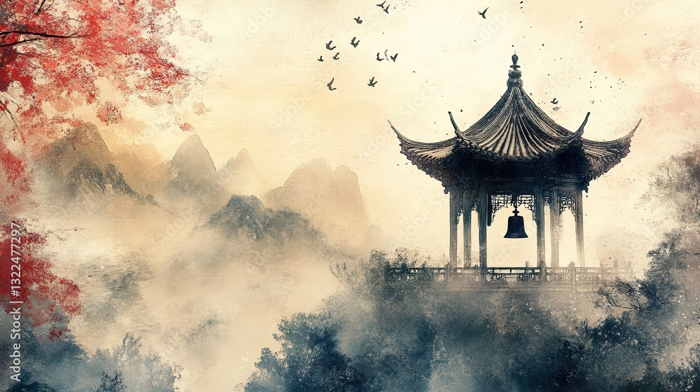 Obraz premium Serene ink wash of a temple bell ringing in a quiet