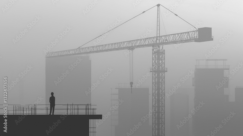 Background of heavy machinery with man in silhouette in gray shades