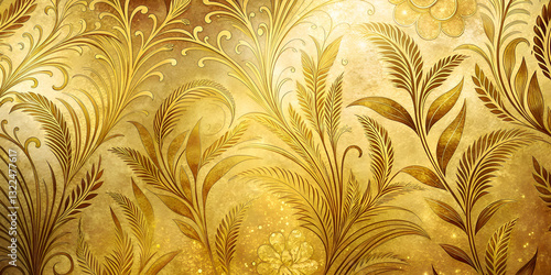 Golden Floral Pattern. Elegant Leaf Design on Gold Background