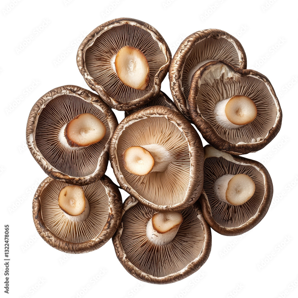 Freshly sliced shiitake mushrooms on a Transparent background showcasing their unique texture and structure, slice shiitake mushrooms on PNG background Freshly sliced shiitake mushrooms on a Transparent background showcasing their unique texture and structure, slice shiitake mushrooms on PNG background