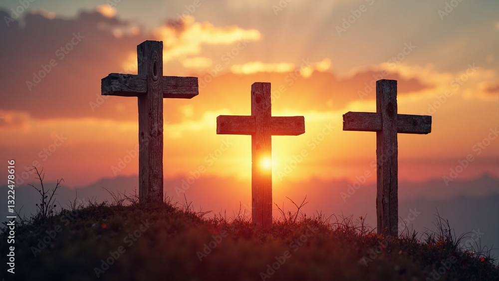 Easter Sunset with Three Crosses: A Powerful Symbol of Sacrifice and Hope for Religious Marketing and Seasonal Promotions Easter Sunset with Three Crosses: A Powerful Symbol of Sacrifice and Hope for Religious Marketing and Seasonal Promotions