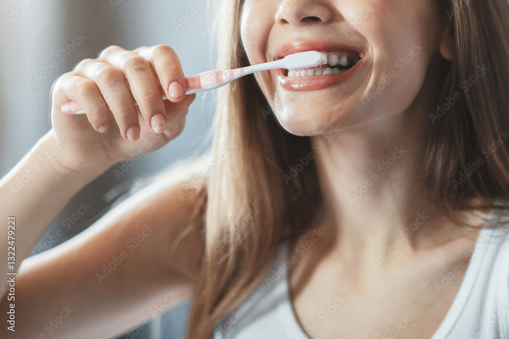 Dental care. Beautiful lady brushing her teeth near looking glass in bathroom Dental care. Beautiful lady brushing her teeth near looking glass in bathroom