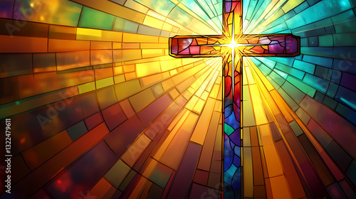 A religious easter card featuring a stained glass window design, with a cross in the center and rays of light streaming down, symbolizing the resurrection of jesus. Stained Light. Illustration