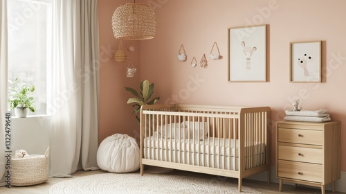 Beautifully designed nursery room with wooden furniture and neutral tones
