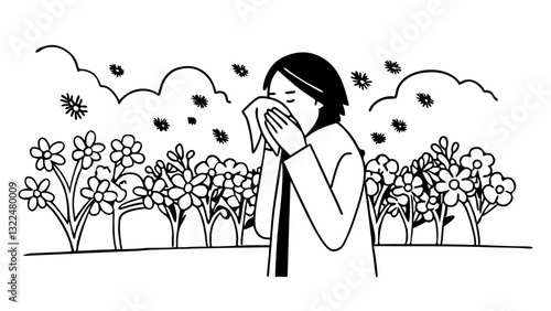 Man sneezes from allergy to flower pollen in blooming garden