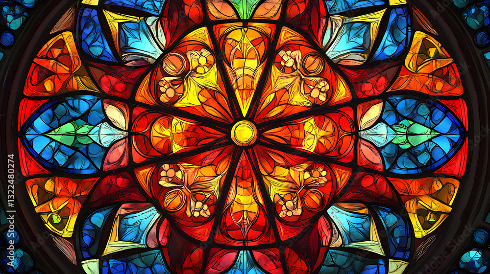 A vibrant stained glass design with intricate patterns and rich colors, resembling classic church or cathedral windows. Stained Light. Illustration A vibrant stained glass design with intricate patterns and rich colors, resembling classic church or cathedral windows. Stained Light. Illustration