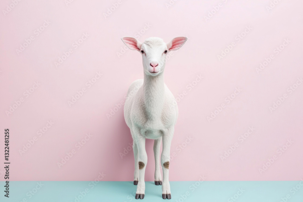 A cute white goat standing against a pastel pink background. A cute white goat standing against a pastel pink background.