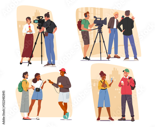 People bloggers, journalists with cameraman filming video interview speaking with citizens on street