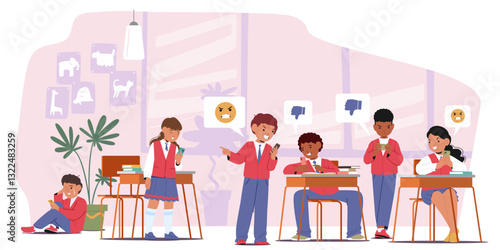 Cyber bullying in school scene with angry, sad and stressed children classmates communication