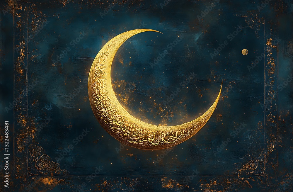 Fototapeta premium Golden Crescent Moon with Patterns on a Deep Blue Sky