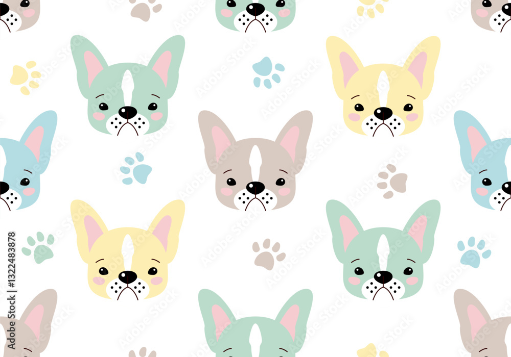 Obraz premium French bulldog puppy. Dog paw seamless pattern cat footprint. Colorful background. Pets adoption. Veterinary care and facilities. Homeless pet rescue