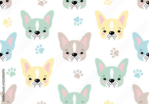 French bulldog puppy. Dog paw seamless pattern cat footprint. Colorful background. Pets adoption. Veterinary care and facilities. Homeless pet rescue