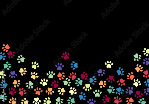 Dog paw background. Frame cat footprint. Colorful background. Pets adoption. Veterinary care and facilities. Homeless pet rescue