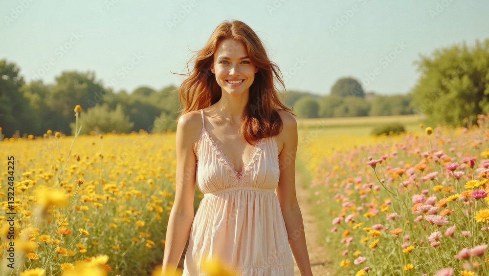 2025 summer idea trend concept: A woman standing in a field of bright yellow flowers, wearing a pink dress and smiling. 2025 summer idea trend concept: A woman standing in a field of bright yellow flowers, wearing a pink dress and smiling.