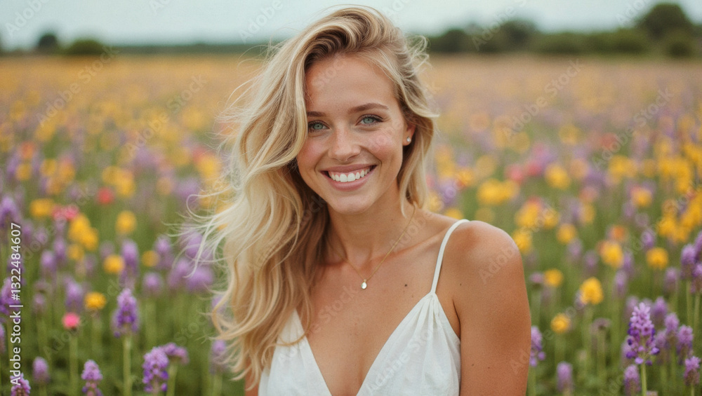 2025 summer idea trend concept: Young woman smiling in a field of purple flowers 2025 summer idea trend concept: Young woman smiling in a field of purple flowers