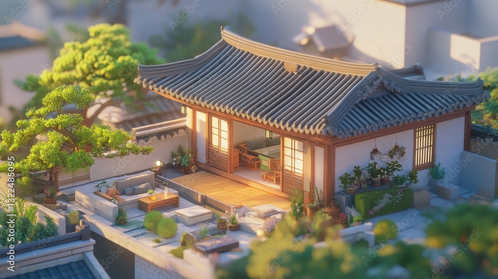 A miniature traditional style house with a beautiful outdoor patio A miniature traditional style house with a beautiful outdoor patio