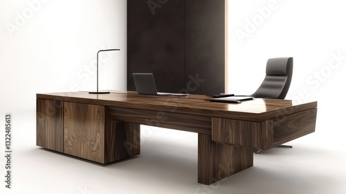A modern executive office desk with chair and laptop present