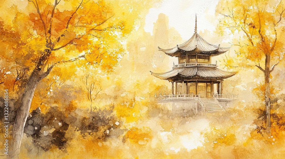 Obraz premium Serene ink wash of a pagoda surrounded by golden au