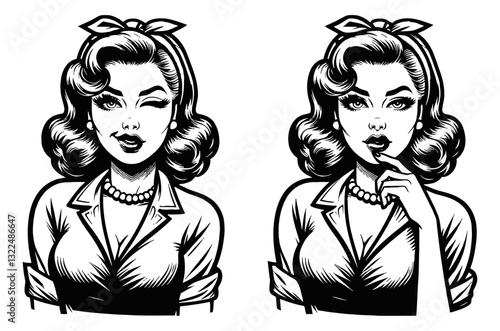 Two Women Posing with Retro Hairdo and Dress in Pop Art Style