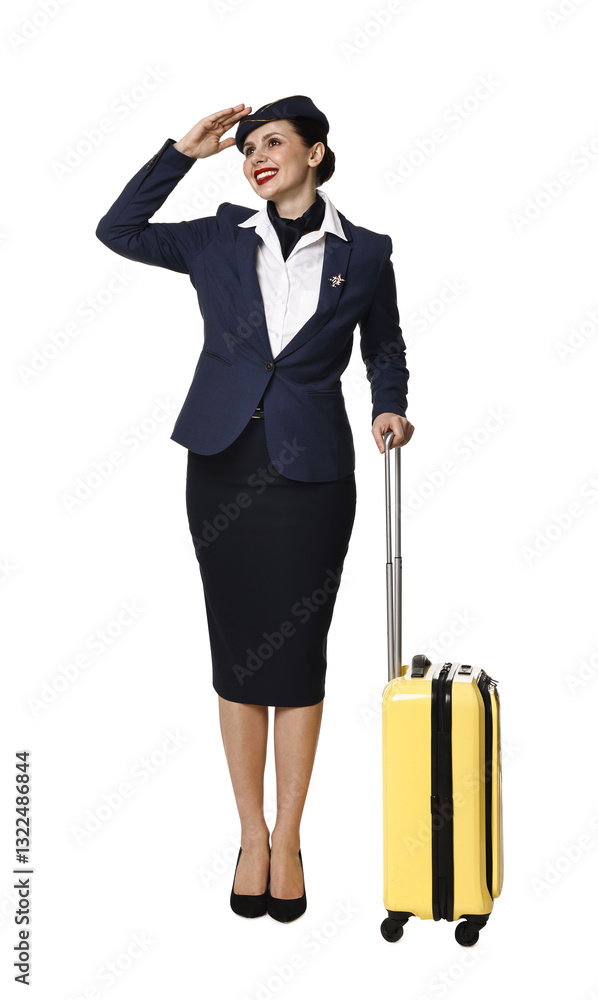 Smiling stewardess with suitcase on white background Smiling stewardess with suitcase on white background