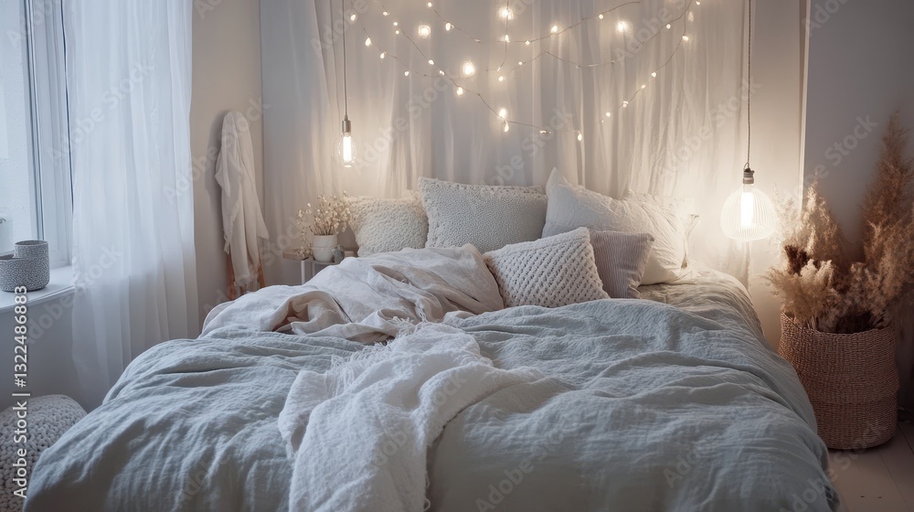 Cozy bedroom decorated with pillows linens and string lights Cozy bedroom decorated with pillows linens and string lights