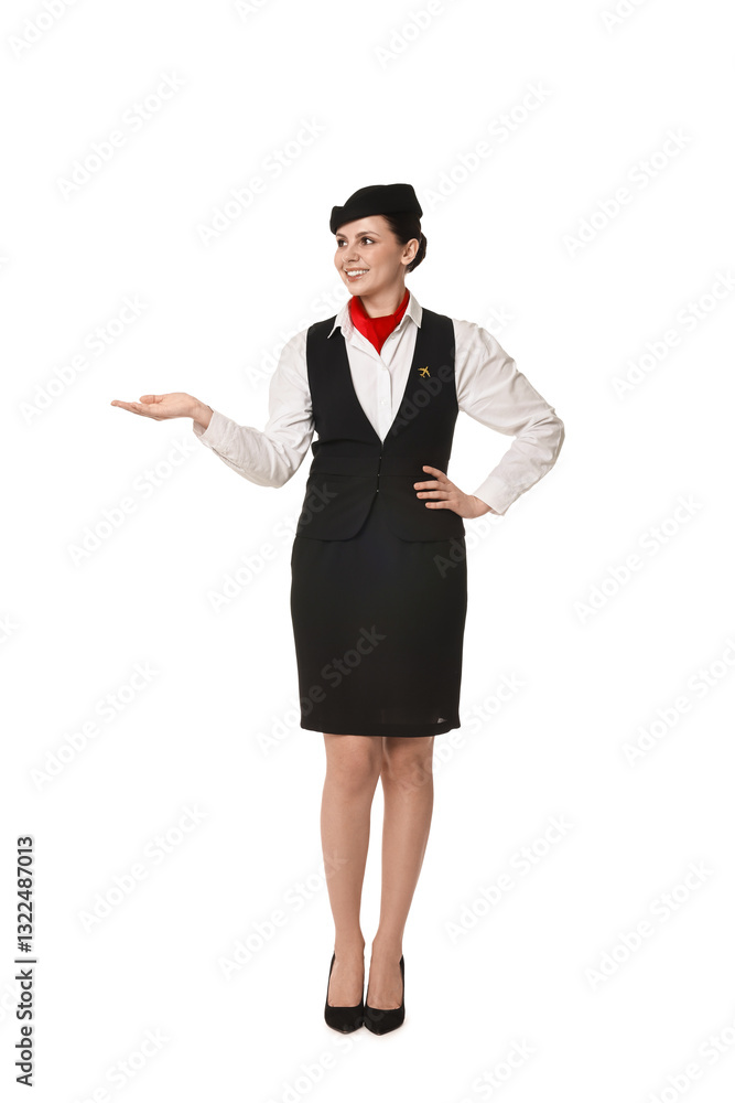 Smiling flight attendant showing something on white background Smiling flight attendant showing something on white background