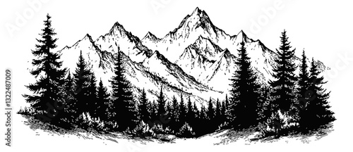 Majestic Mountains and Evergreen Forest Scene in a Serene Landscape