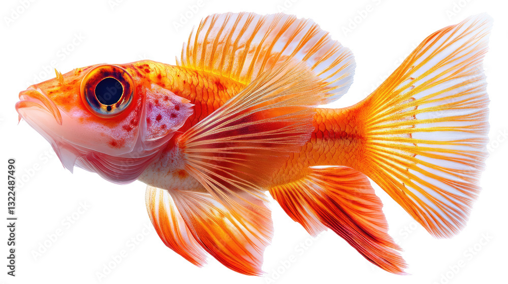 Fototapeta premium Exotic Beauty: A detailed shot of an orange and gold fish, showcasing its fins. The fish is the focal point and captured in sharp detail with an eye-catching perspective.