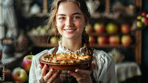 A woman holding an apple pie