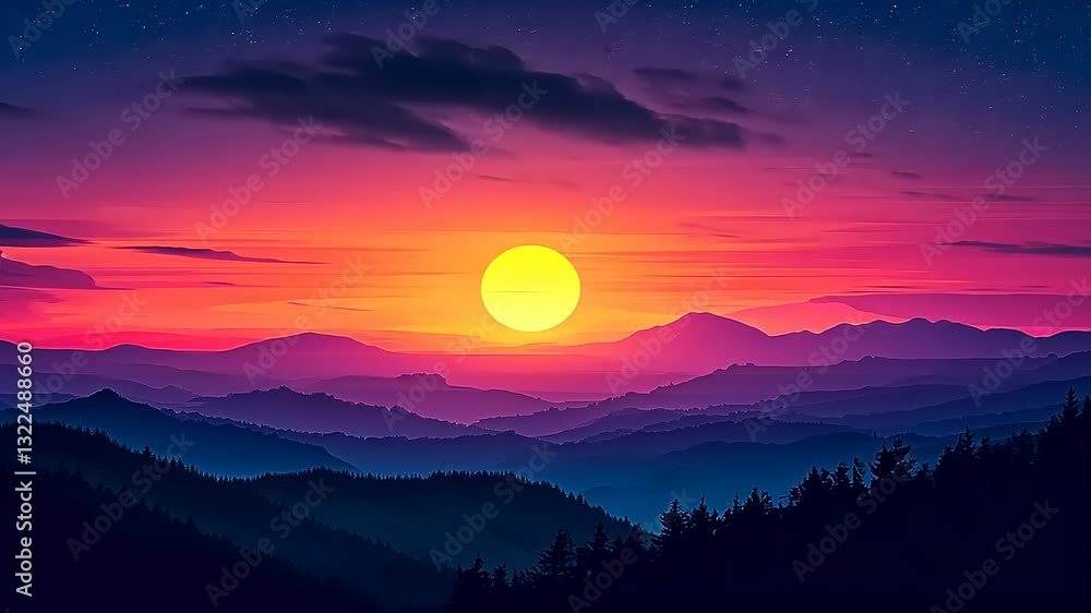 A vibrant sunset over mountains, blending colors in a serene landscape. A vibrant sunset over mountains, blending colors in a serene landscape.