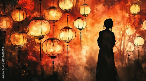 Sumi-e Painting of a Woman Standing Under Glowing Light