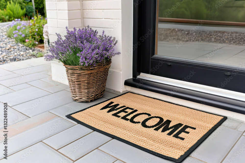 Fototapeta premium Welcome doormat placed outside house entrance door. Brown natural coir doormat with the word Welcome printed on it, positioned near modern glass entrance door