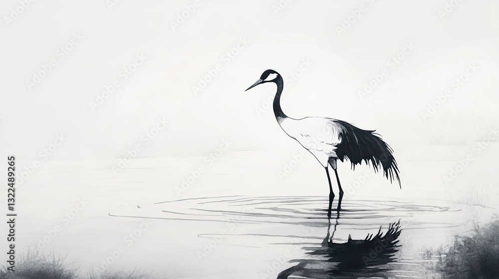 Fototapeta premium Serene Ink Wash of a Crane Standing in a Shallow Pond