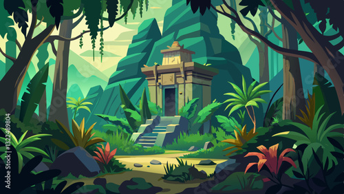 tropical forest with a hidden ancient temple, covered in moss and surrounded by vines.