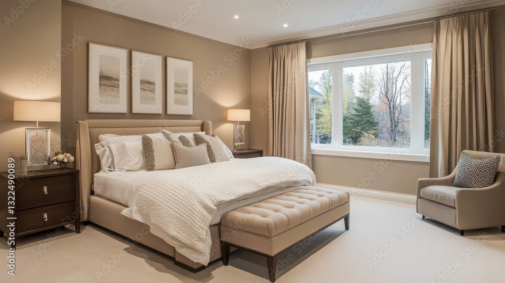 A luxurious and comfortable bedroom with neutral and soft tones A luxurious and comfortable bedroom with neutral and soft tones