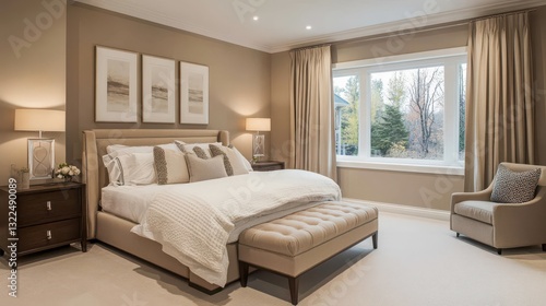 A luxurious and comfortable bedroom with neutral and soft tones