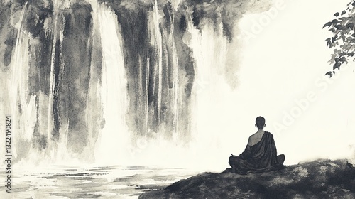 Serene Ink Wash of a Monk Meditating Beneath a Waterfall