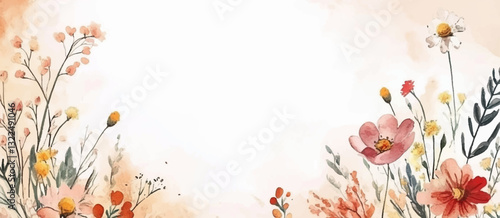 Floral border vector illustration featuring delicate wildflowers in shades of peach, yellow, red, and green. Field flowers and foliage frame with empty text place. Ivitation, greeting card