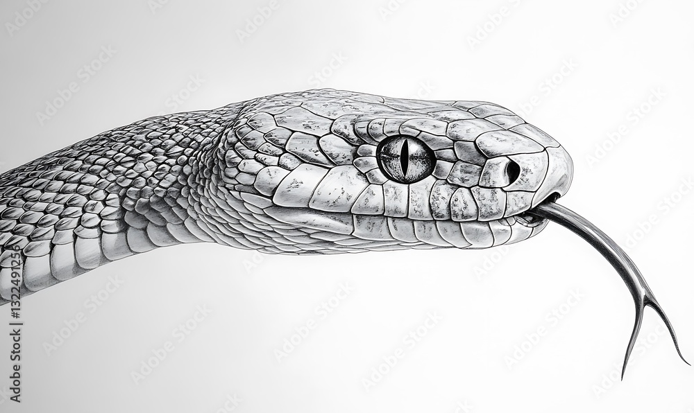 Fototapeta premium Detailed monochrome illustration depicting a snake with its tongue extended
