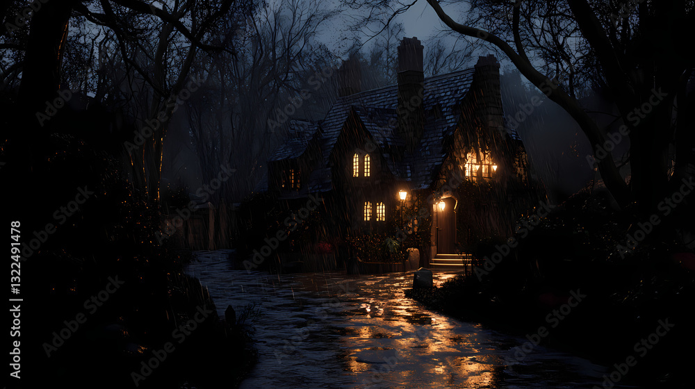 Convert image to nighttime, internal lights on for stunning ambient effect, maintain original scene. Dusky Brilliance. Illustration Convert image to nighttime, internal lights on for stunning ambient effect, maintain original scene. Dusky Brilliance. Illustration