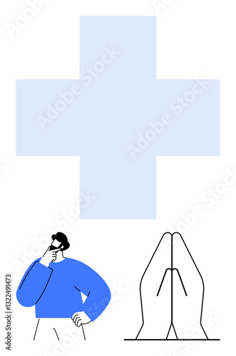 Man thinking deeply while large cross symbolizes health and prayer gesture. Ideal for wellness, spirituality, medical care, reflection, decision-making, mindfulness, health awareness. Flat simple
