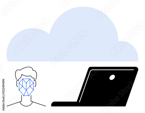 Face recognition with geometric pattern beside a laptop and a cloud. Ideal for security, AI, biometrics, cloud storage, technology, data access, innovation themes. Flat simple metaphor