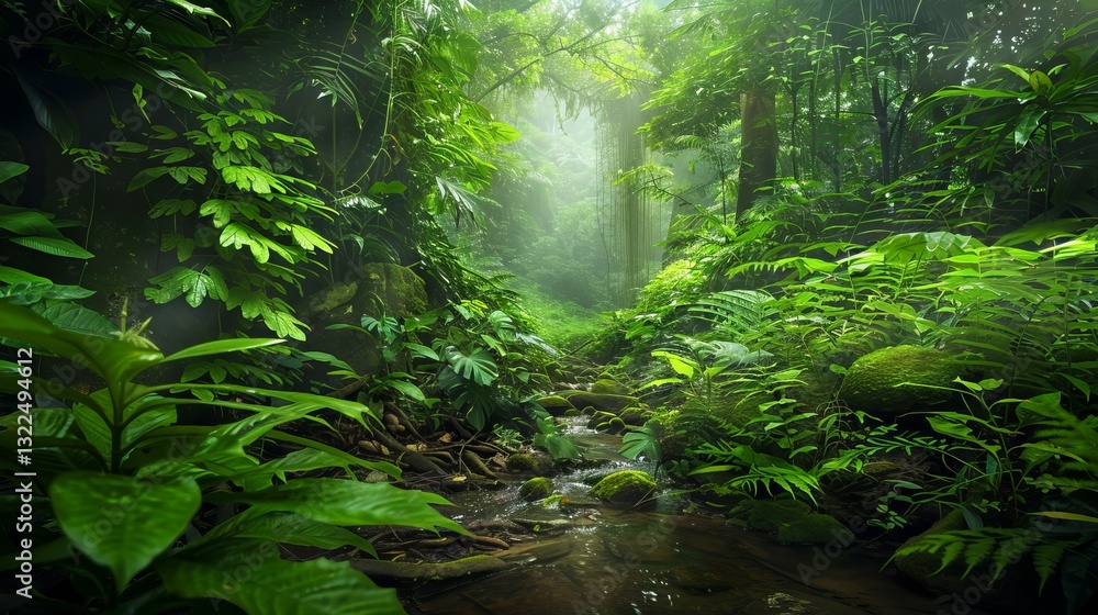Lush Tropical Rainforest Landscape with Towering Trees and Sunlight Filtering Through the Canopy Lush Tropical Rainforest Landscape with Towering Trees and Sunlight Filtering Through the Canopy